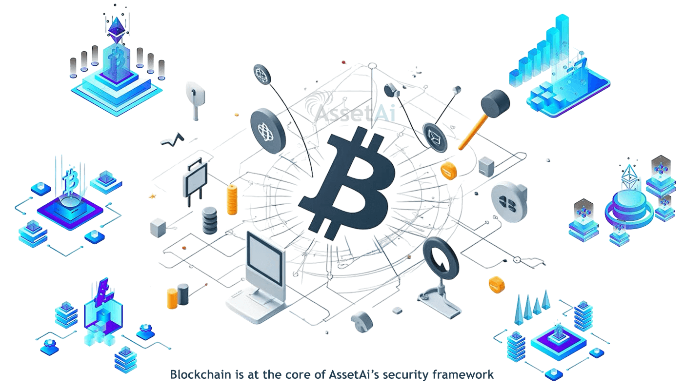 Digital illustration of blockchain technology with Bitcoin symbol and network connections, highlighting security.