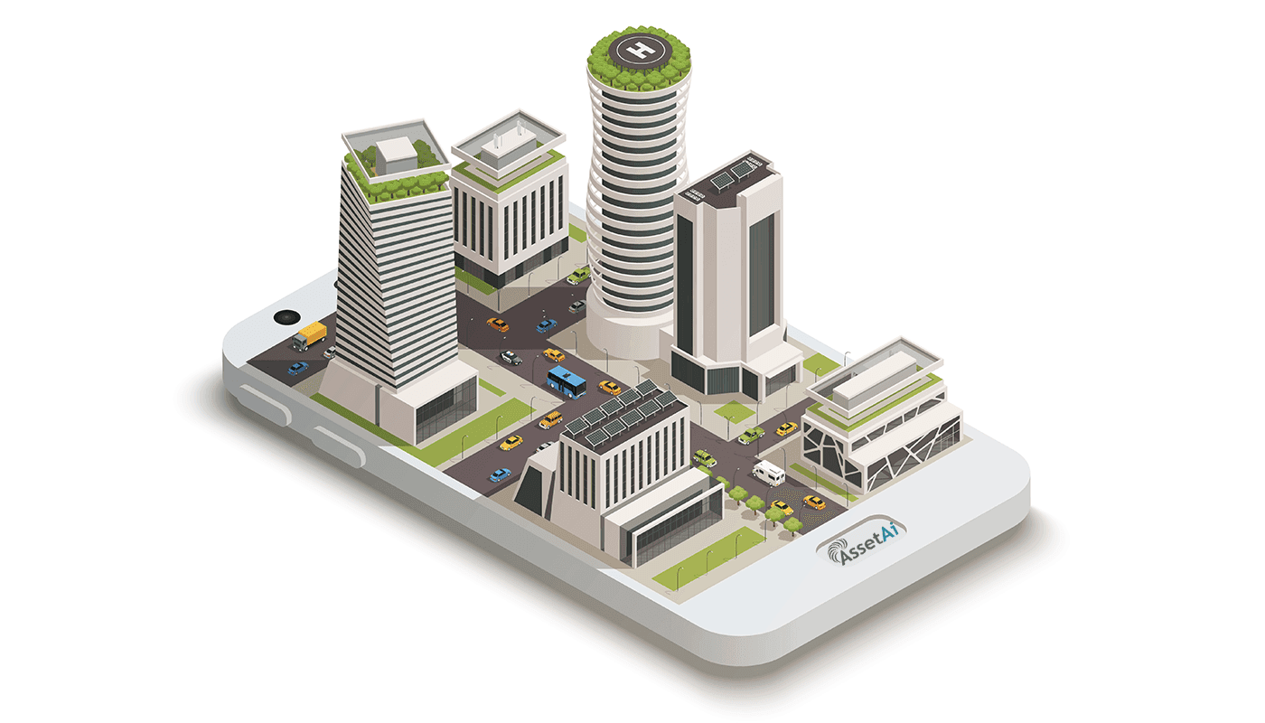 Illustration of a futuristic cityscape on a smartphone with skyscrapers and vehicles.